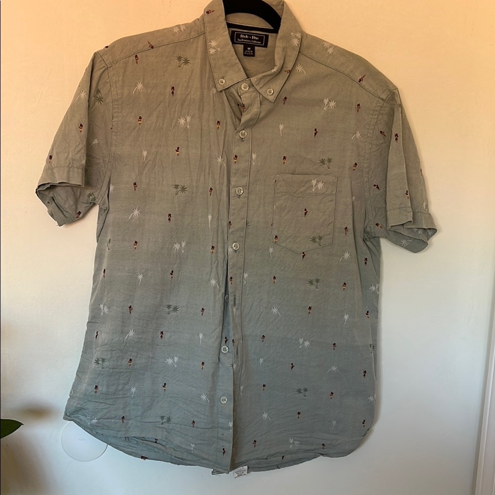 Blade + Blue Sea Green Casual Button Down Shirt with Hula Ladies and Palm Tress